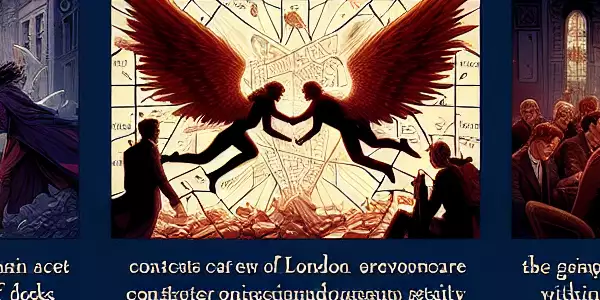 克劳利与亚茨拉斐尔的互动、天堂与地狱的冲突、伦敦废墟背景。